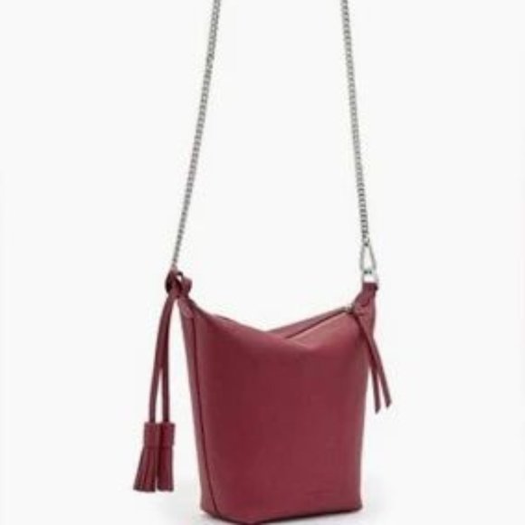 AllSaints Evaline Tassel Crossbody Bag Winter Orchid Red Leather Chain Strap NWT - Picture 5 of 13